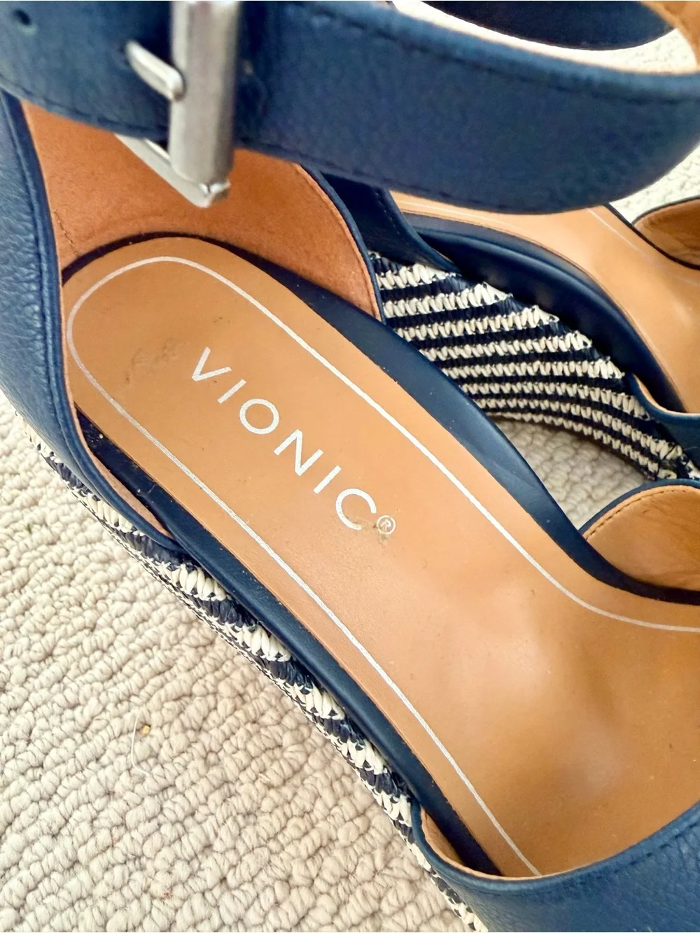 Vionic Navy Leather Ankle-Strap Wedge Sandals Size 6 NWOT